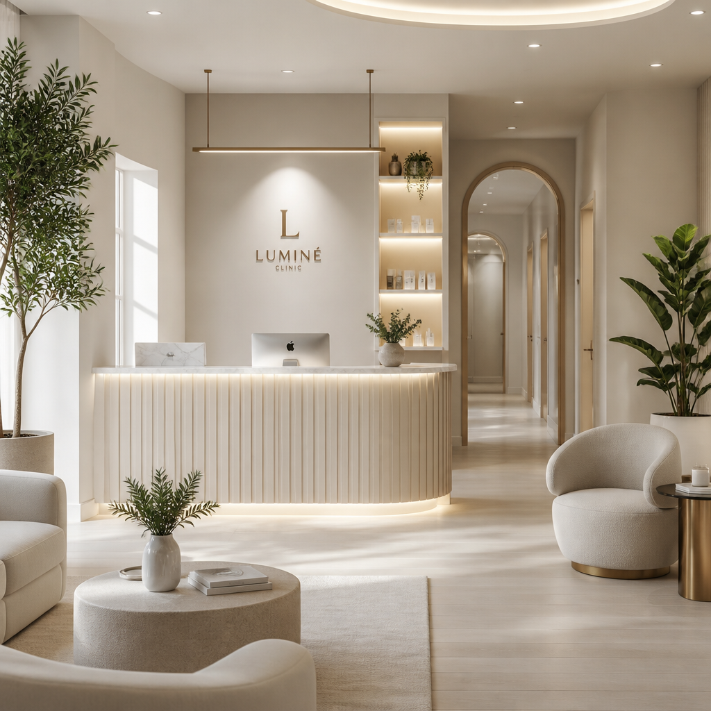 Contemporary medical spa waiting room with modern minimalist design and warm lighting
