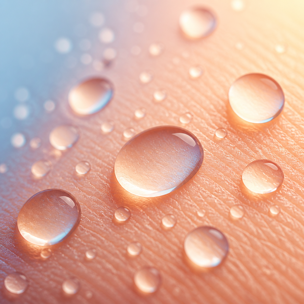 Abstract macro shot of droplets on smooth surface representing skin hydration and treatment
