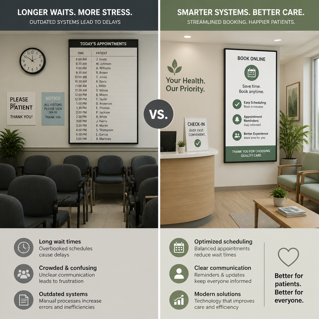 Comparison graphic showing contrasting clinic environments representing wait times versus accessibility