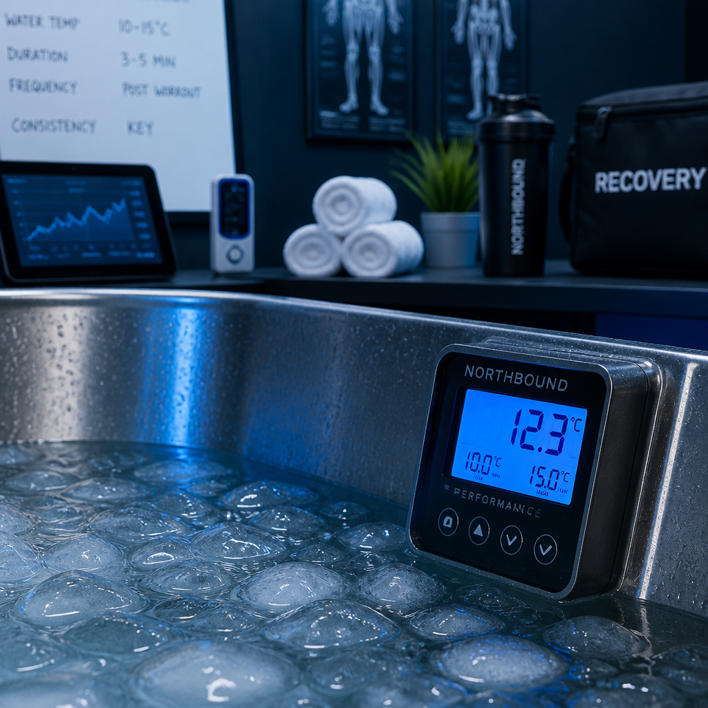 Termómetro em banho de gelo mostrando temperatura ideal de recuperação desportiva