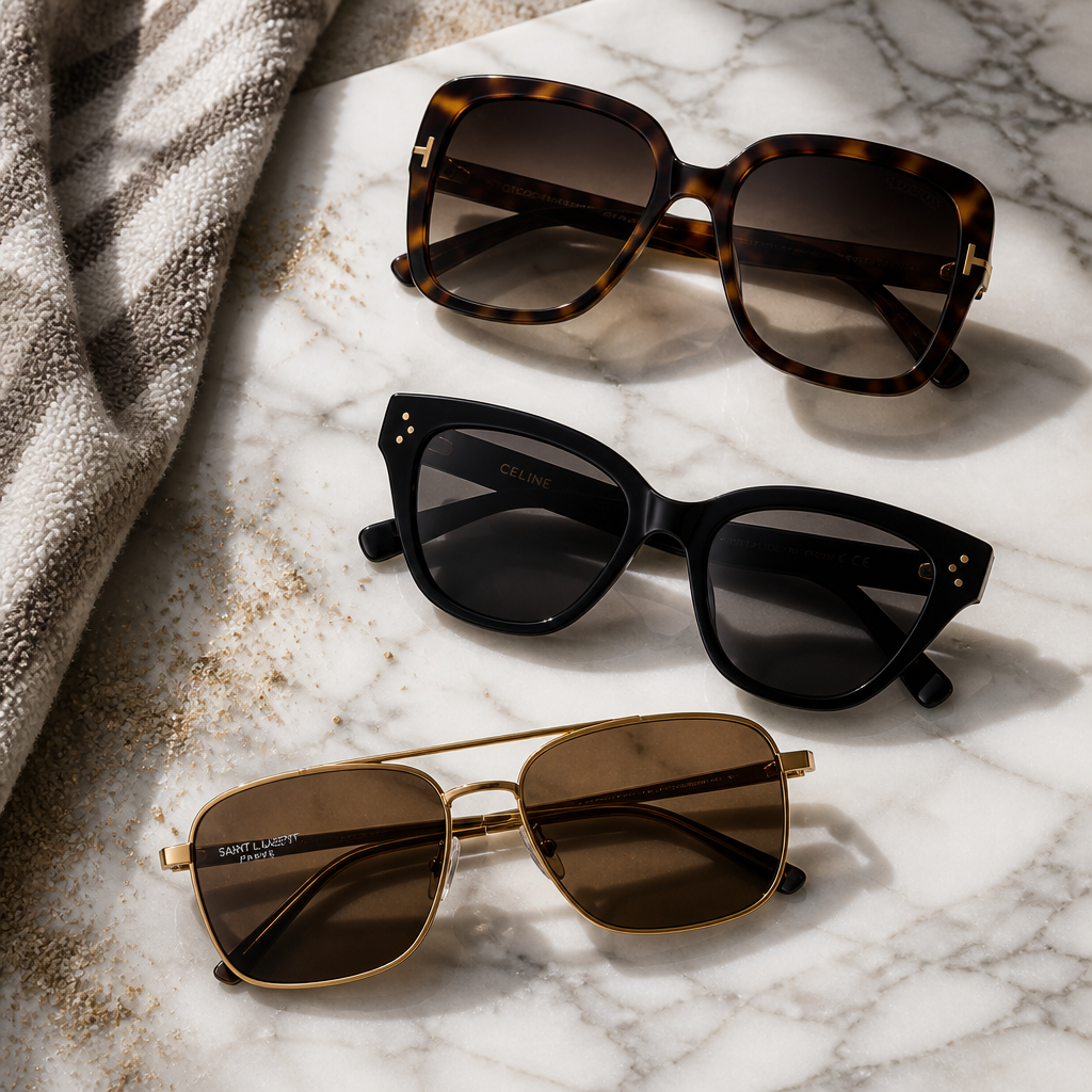 Three designer sunglasses displayed on marble with beach styling