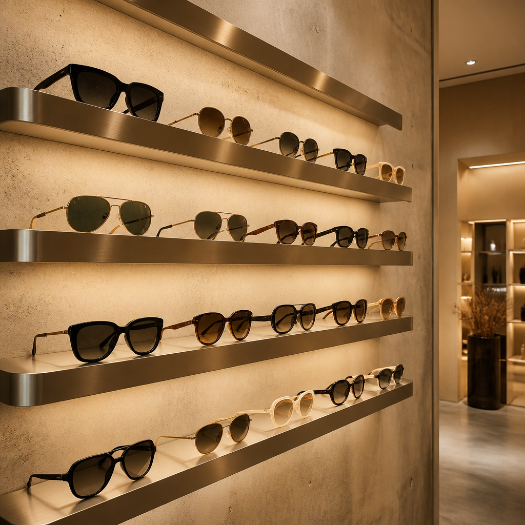 Luxury boutique sunglasses display wall with curated collection