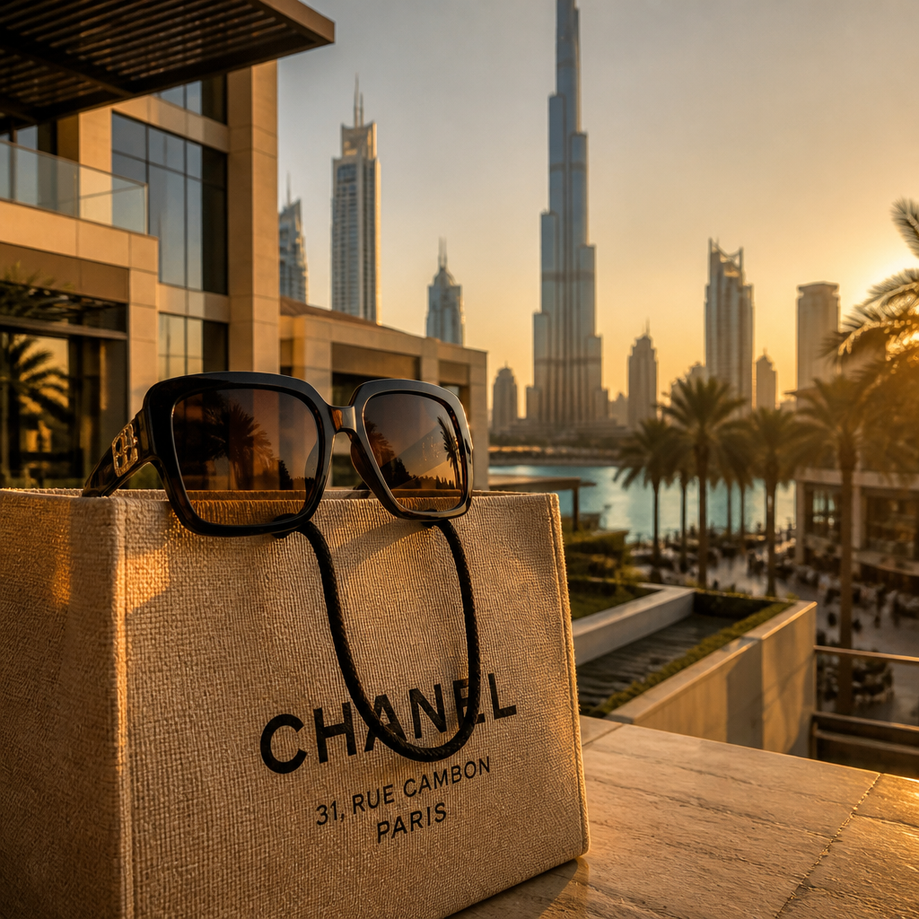 Designer sunglasses on luxury shopping bag with modern UAE architecture backdrop