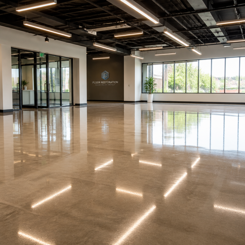 Freshly sealed commercial floor reflecting clean professional environment