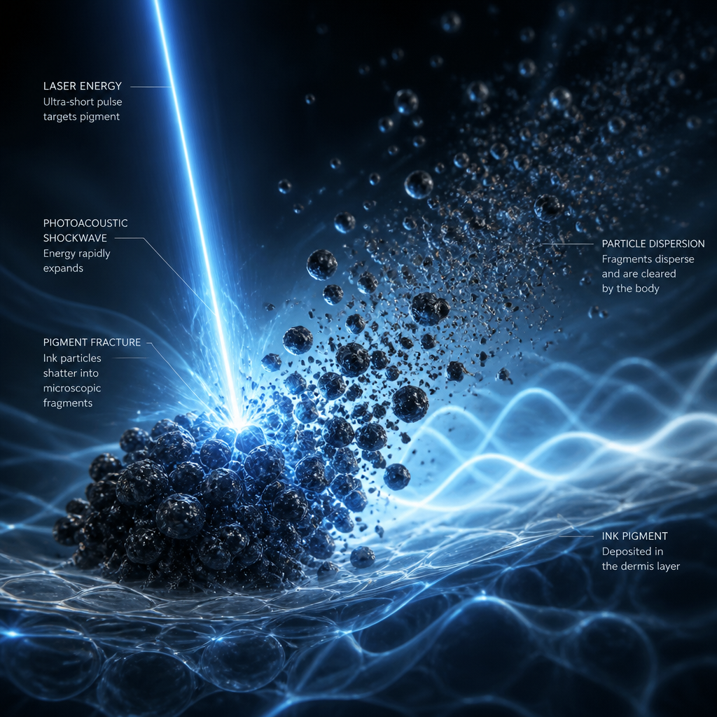 Abstract visualization of laser light breaking down ink particles