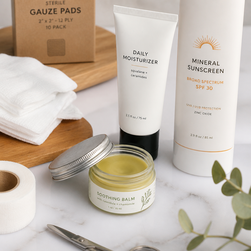 Aftercare skincare products and healing supplies for tattoo removal recovery