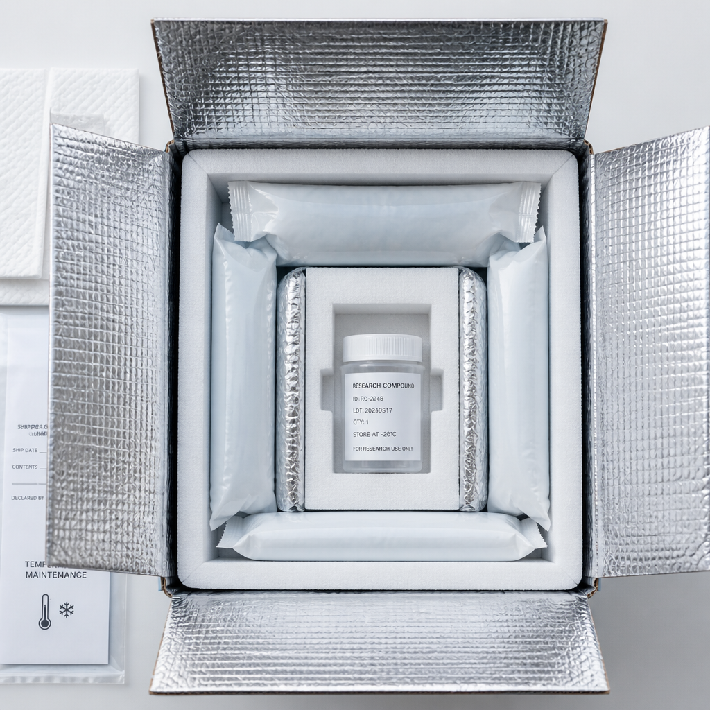 Open insulated shipping box with ice packs and thermal protective materials for cold-chain transport