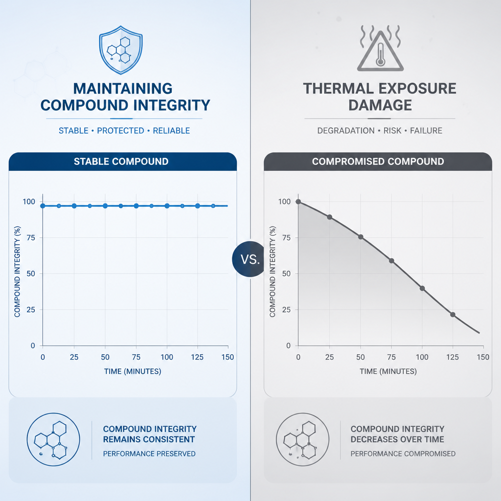 Contrasting line graphs showing stable versus compromised peptide compound integrity over time