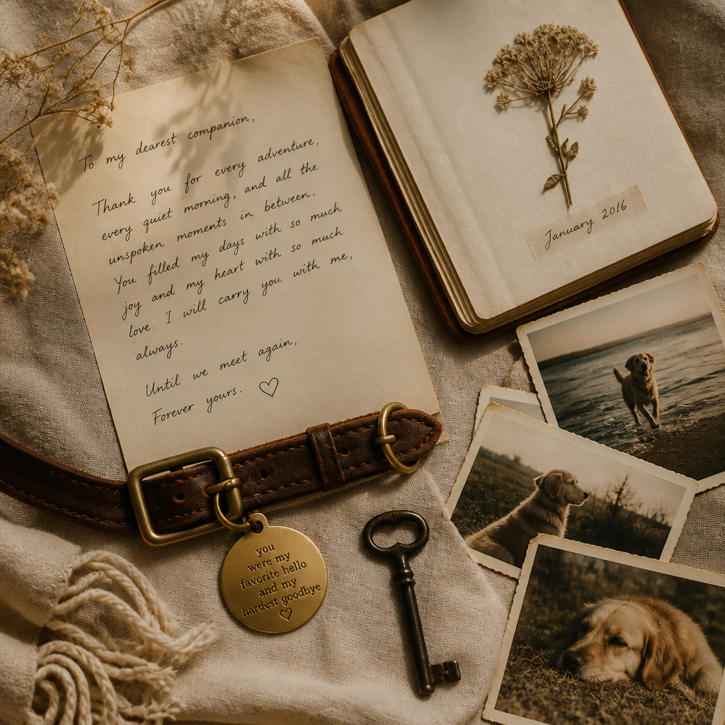 Flat-lay arrangement of pet keepsakes and memory items on natural fabric