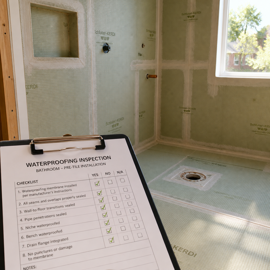 Close-up of bathroom waterproofing inspection with clipboard checklist
