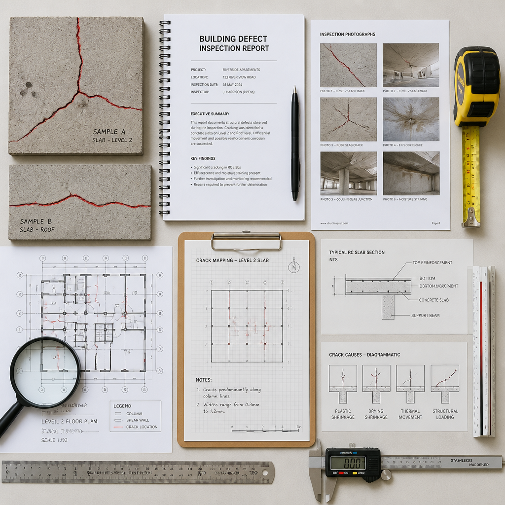 Building inspection documents and structural defect samples arranged flat lay