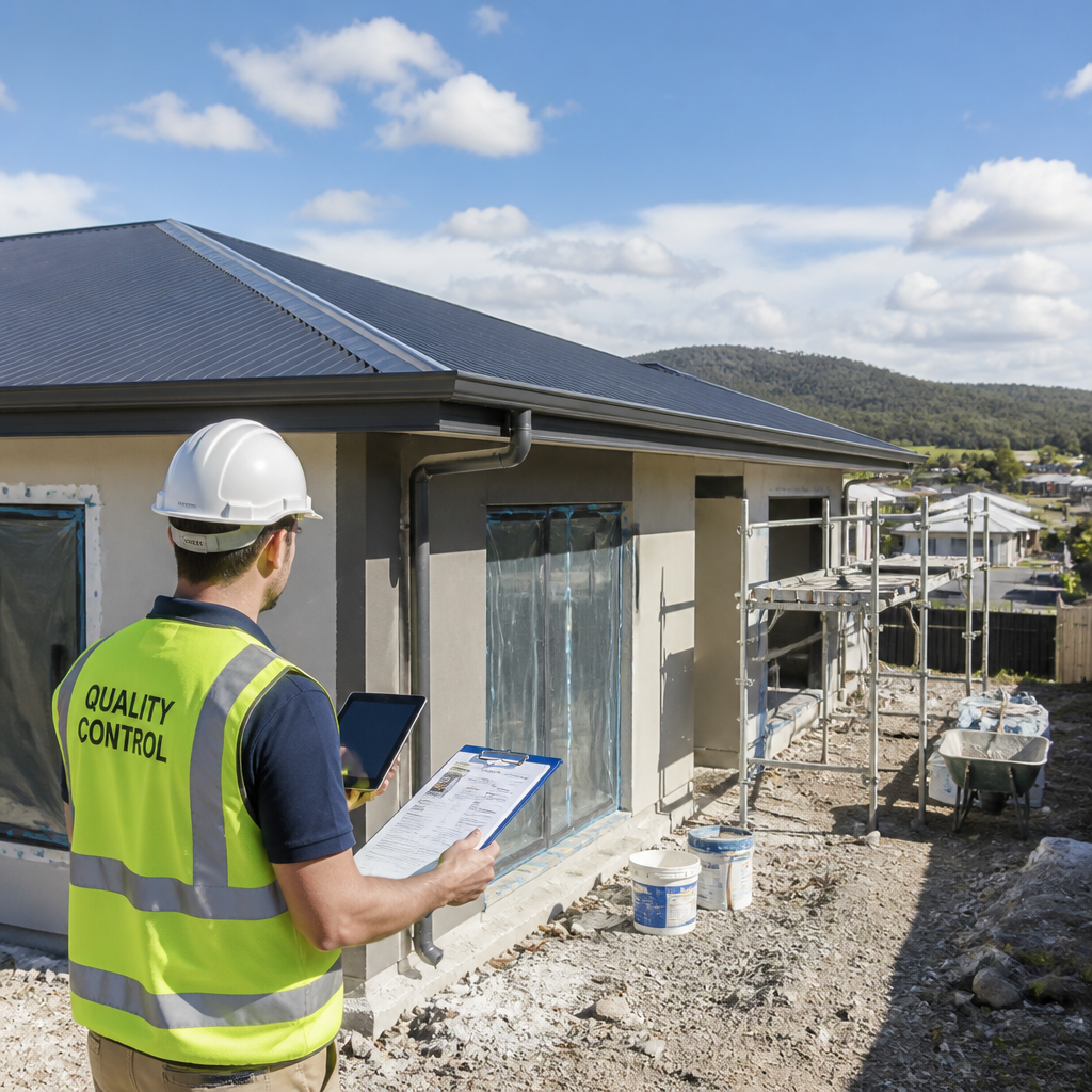 Construction site quality inspection of roofing and rendering work