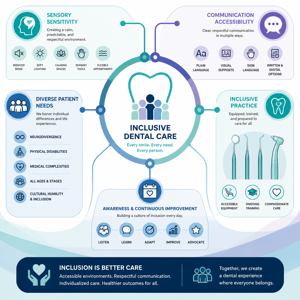 Visual representation of inclusive dental care framework and patient-centered service elements