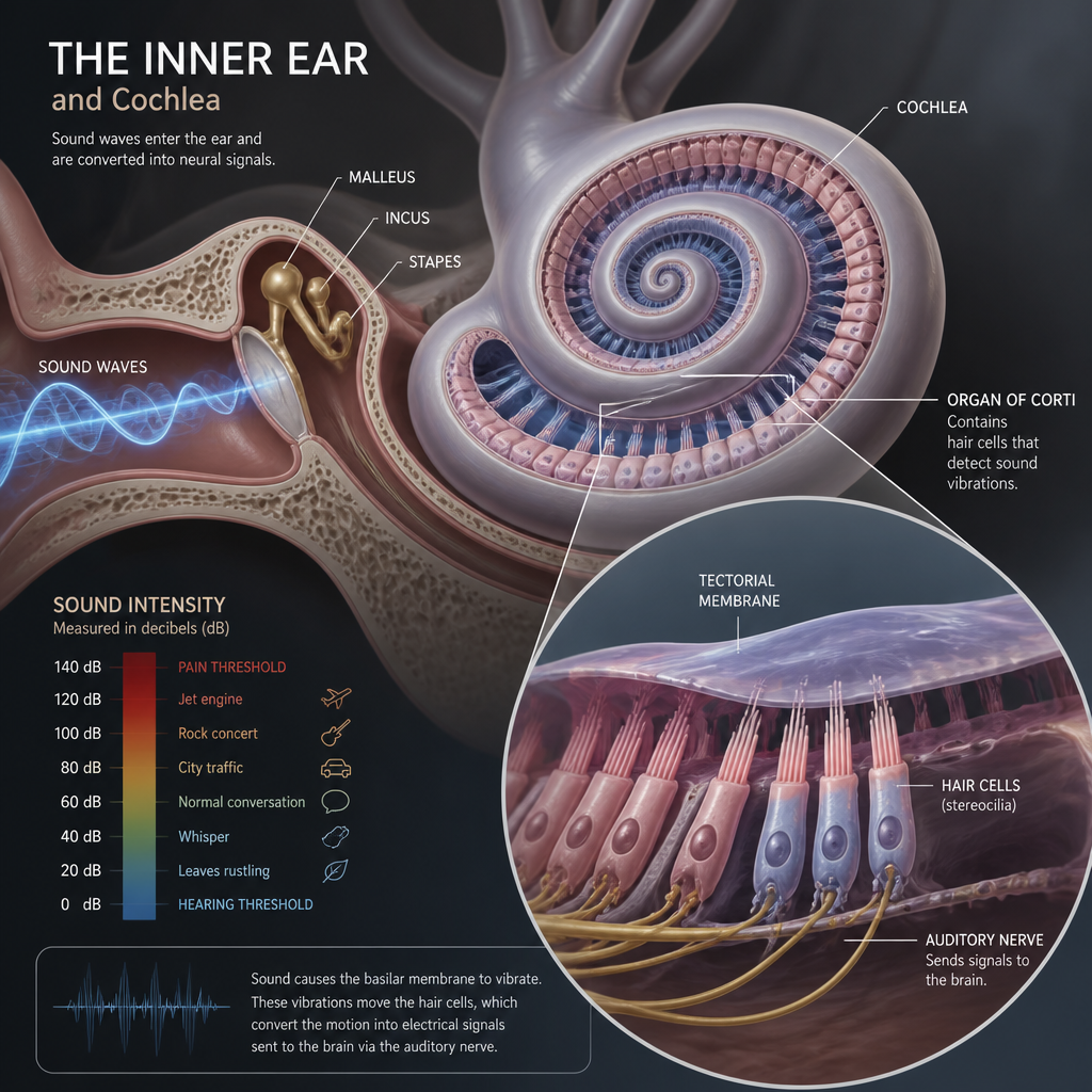 Detailed anatomical illustration of the inner ear's cochlea and hair cells with sound wave visualization