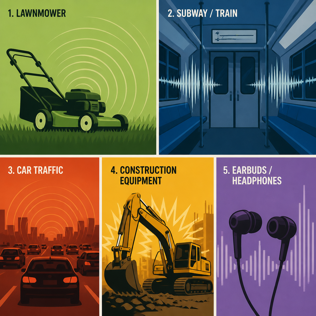Visual grid showing icons and symbols representing common everyday noise sources in urban life
