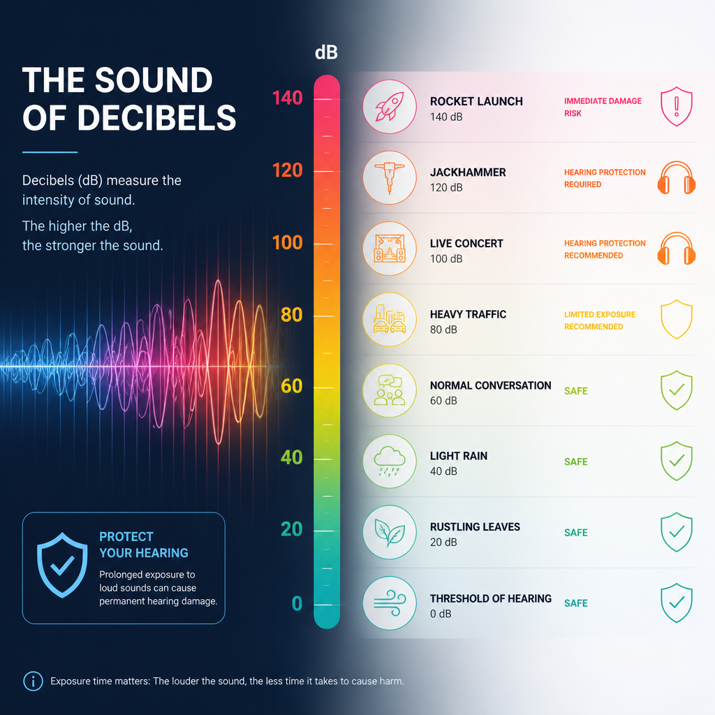 Modern infographic comparing decibel levels and noise measurements with protective equipment indicators