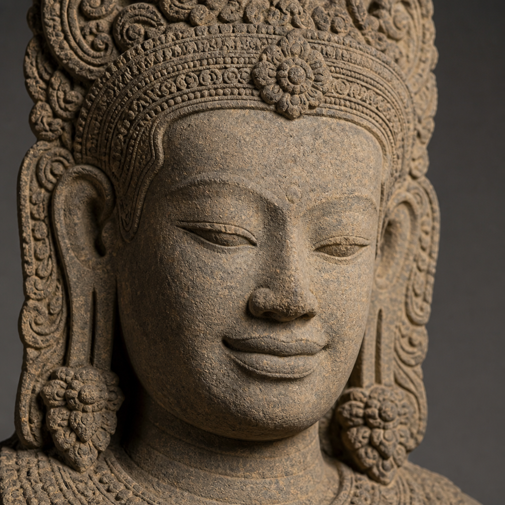 Detailed stone sculpture with serene carved facial features in classical Khmer style