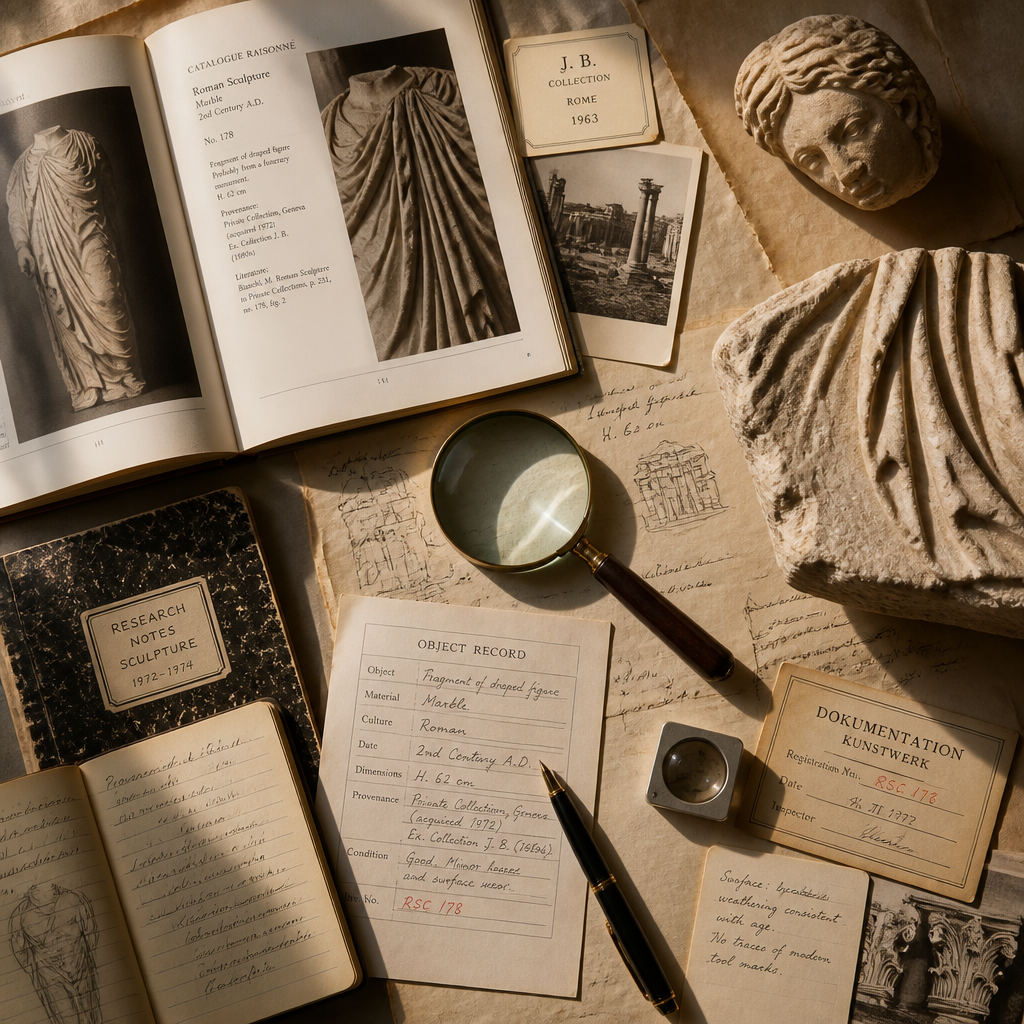 Collector's workspace with art documentation, research materials, and stone fragments