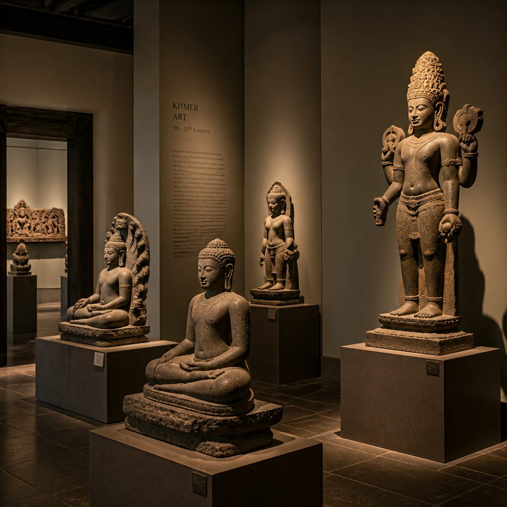 Gallery installation of Khmer stone sculptures with Buddhist and Hindu iconographic forms
