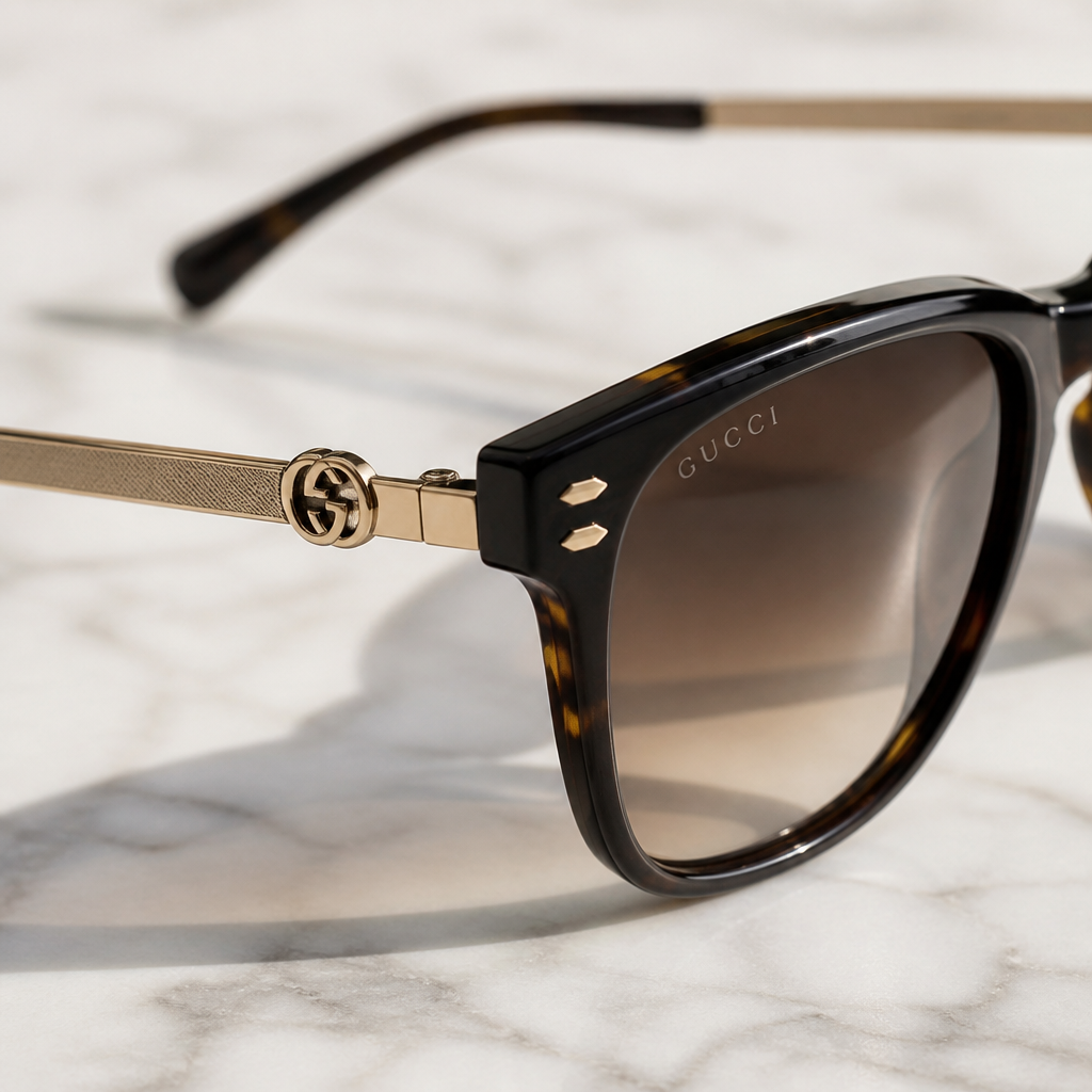 Close-up of luxury sunglasses on marble surface showing fine craftsmanship details