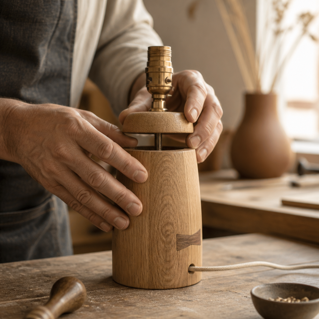 Hands assembling a wooden handmade lamp in a workshop