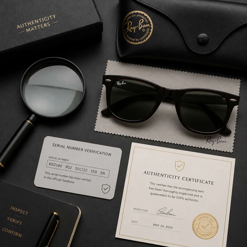 Flat lay of authentication tools and sunglasses verification materials on desk