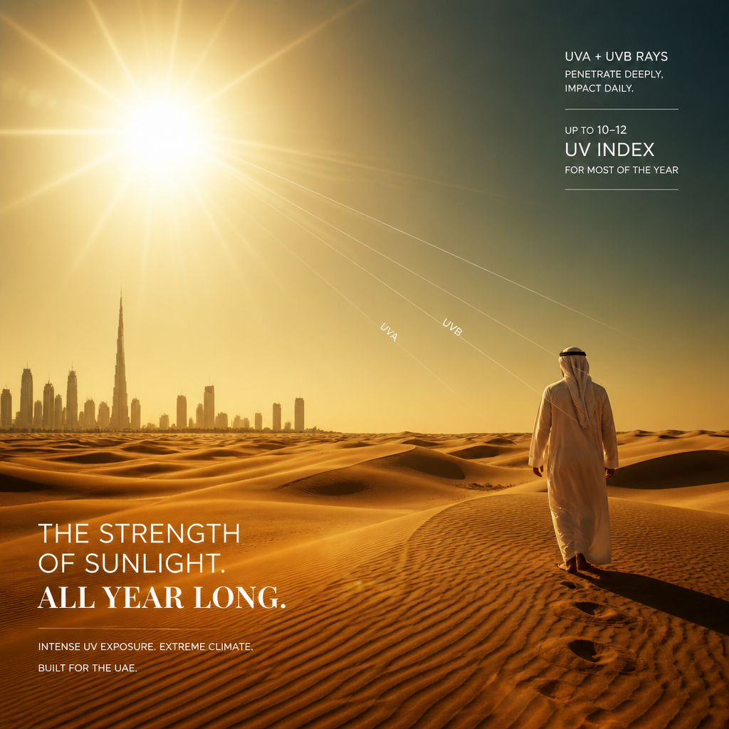 Desert dunes at golden hour illustrating intense sunlight and UV exposure in UAE climate