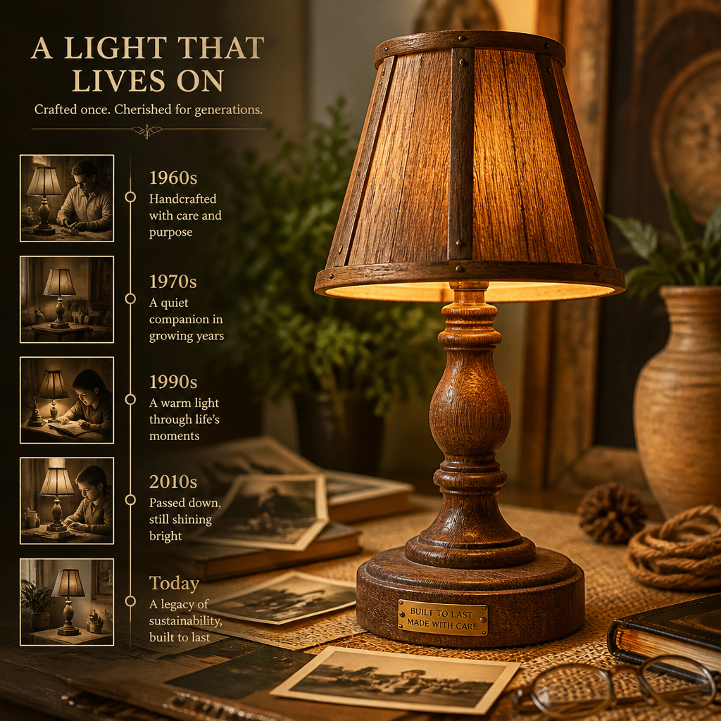 Handmade lamp displayed with nostalgic items symbolizing decades of use