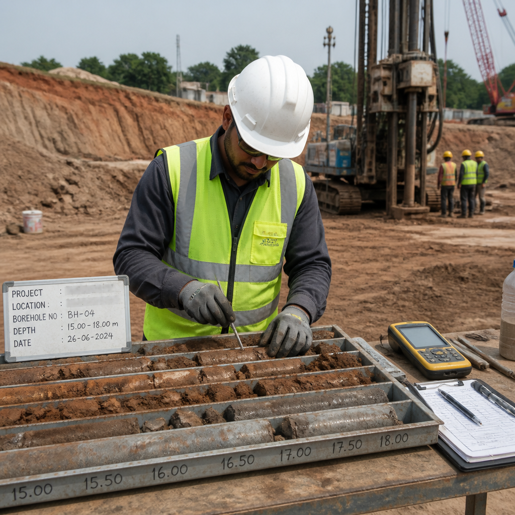 Ingénieur géotechnique effectuant des prélèvements de sol sur un chantier de construction avec équipement spécialisé