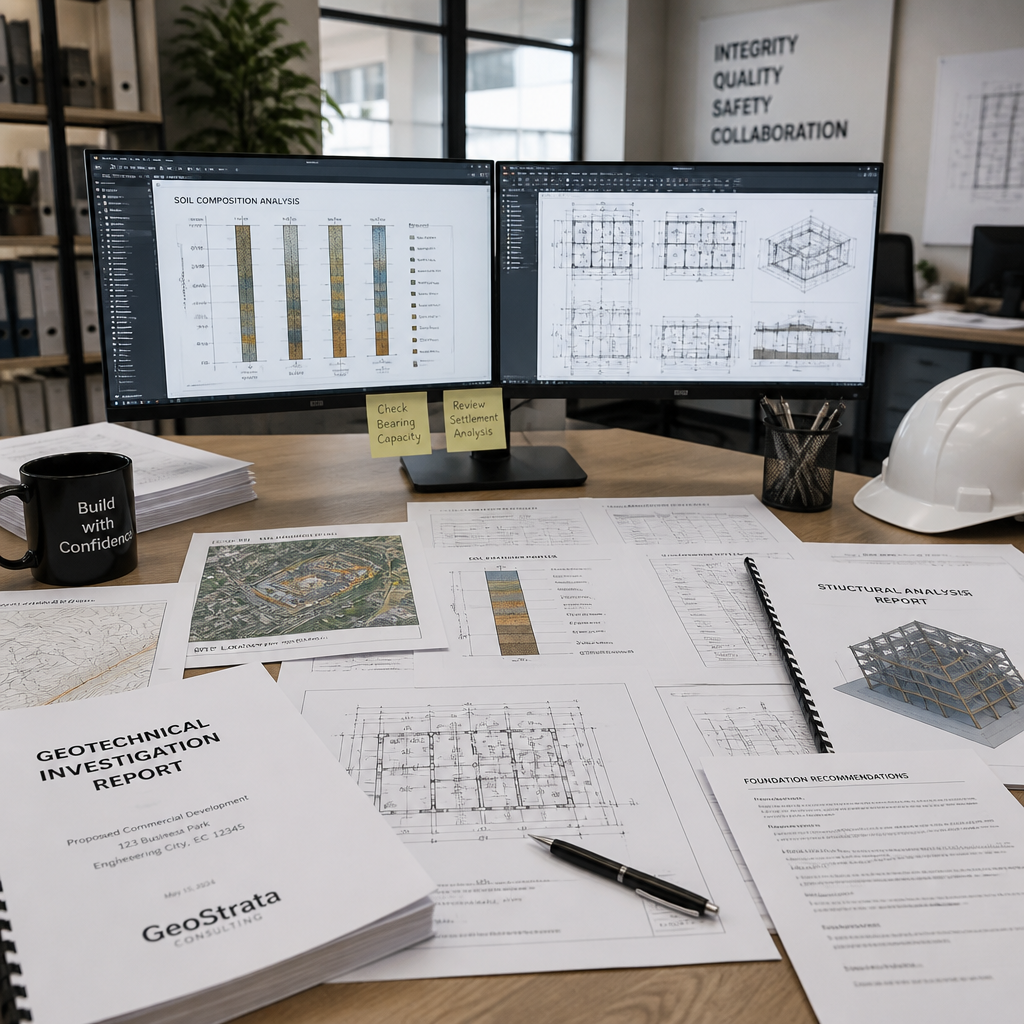 Bureau d'études géotechniques avec rapports d'analyse de sol et plans de conformité réglementaire