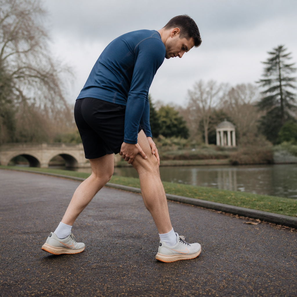 Runner experiencing muscle tension during outdoor exercise