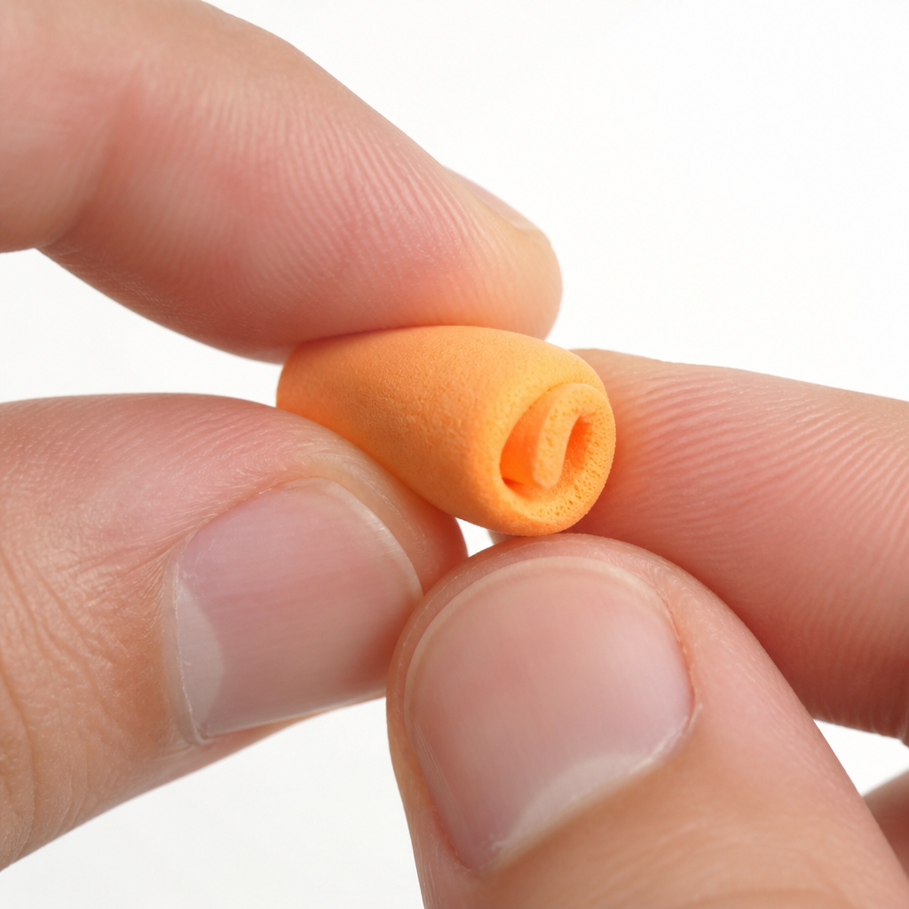 Memory foam earplug being rolled into a thin cylinder between fingers