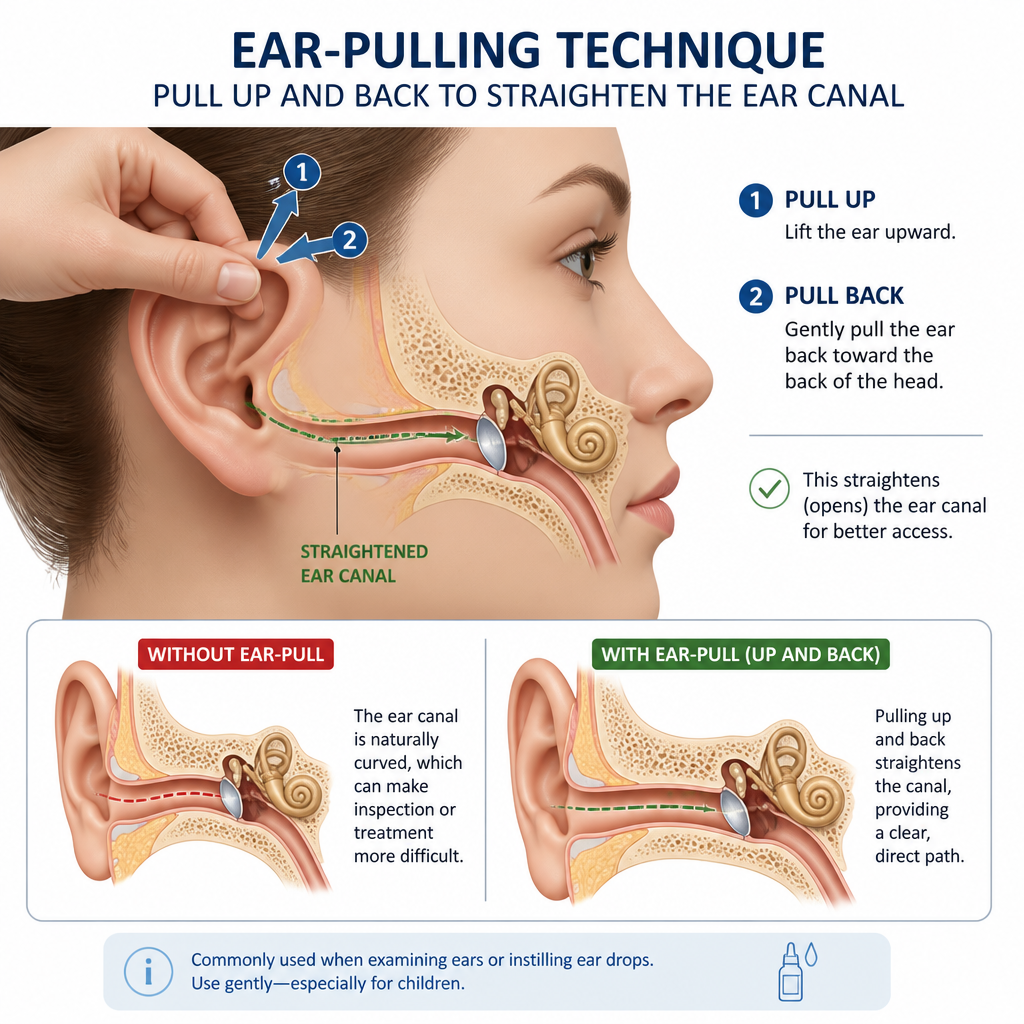 Diagram showing ear canal straightening technique with directional arrows