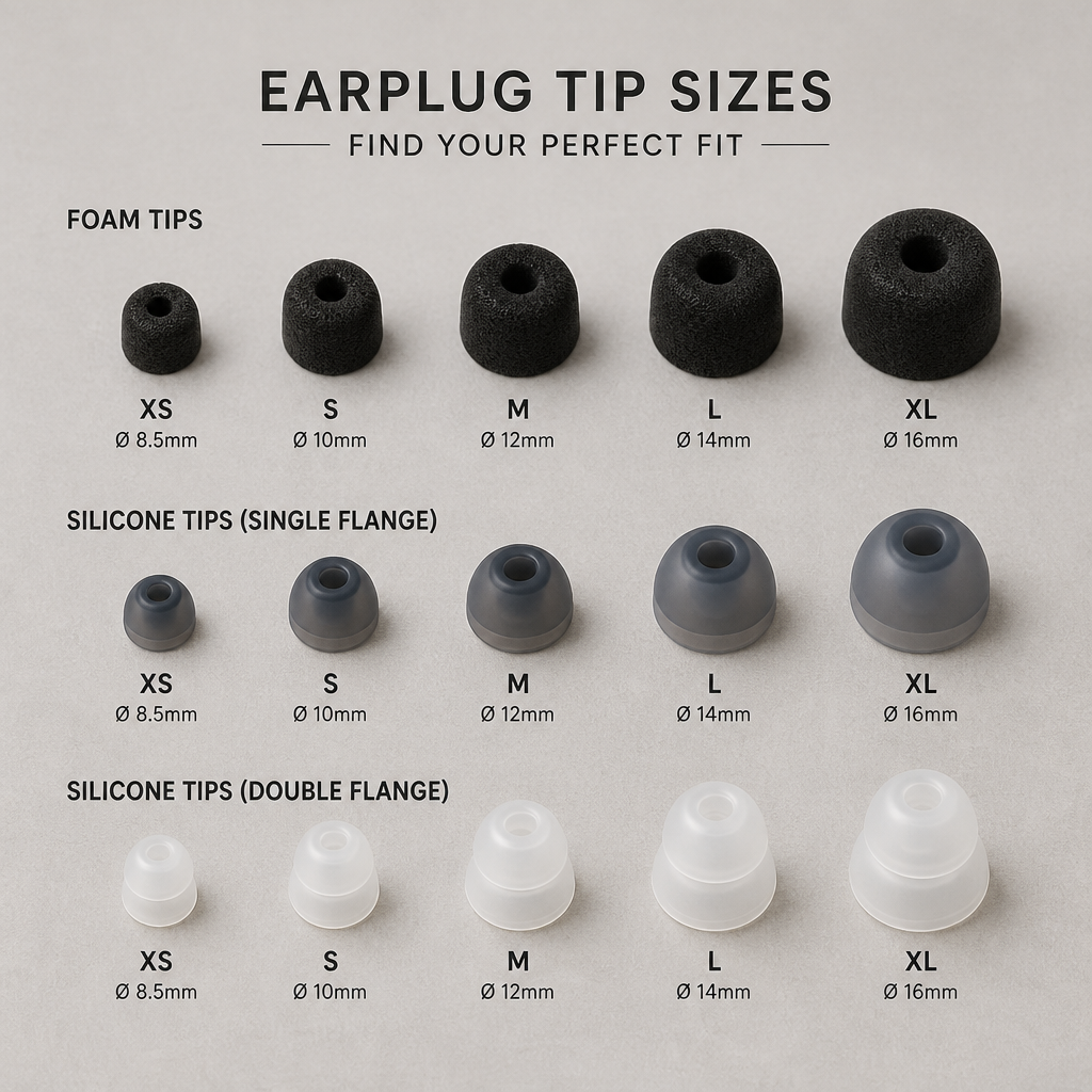 Collection of different earplug tip sizes arranged by dimension