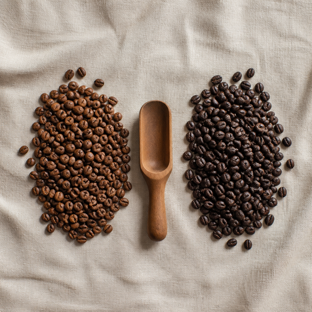 Colombian and Guatemalan coffee beans side by side, showing their distinct color and texture differences