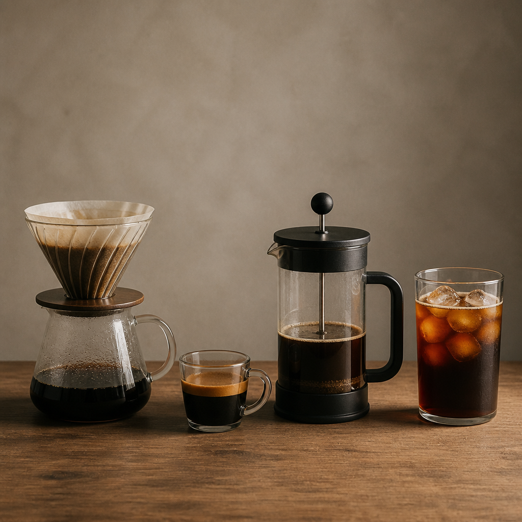Four brewing methods displayed: pour-over, espresso, French press, and cold brew setup