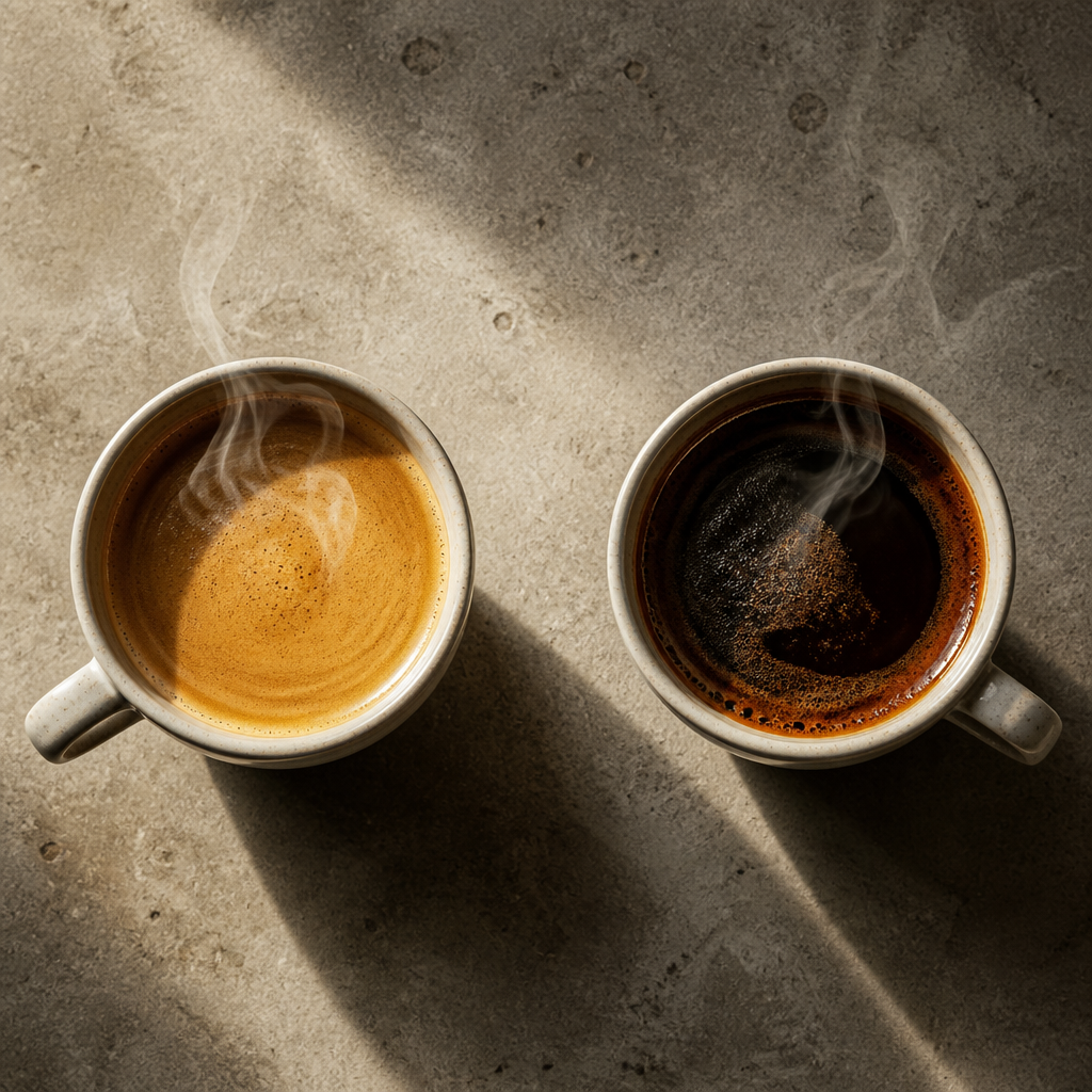 Two freshly brewed cups of coffee showing the distinct color and body differences between the origins