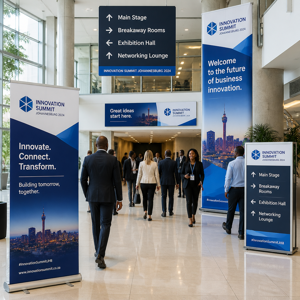 Corporate event venue with professional signage and wayfinding displays