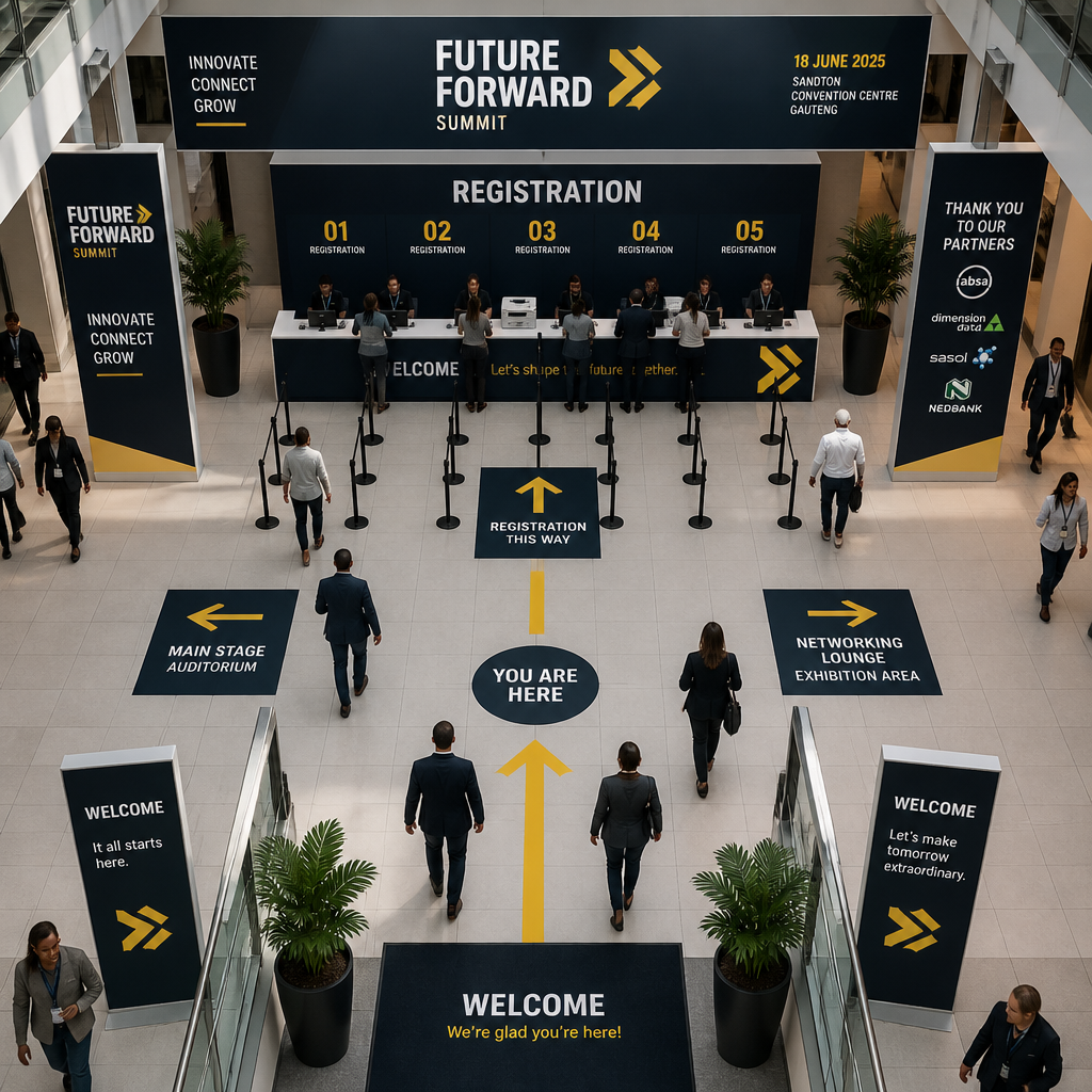 Overhead view of well-organized event space with effective signage placement