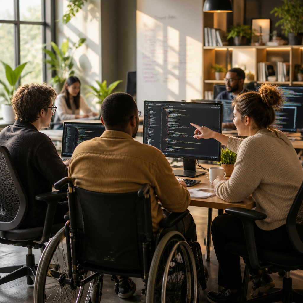 Diverse IT professionals working together in an inclusive, modern office space
