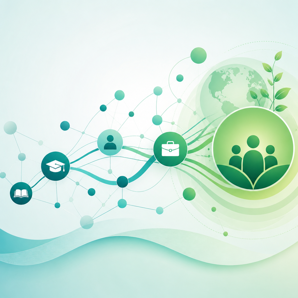 Abstract visualization of career pathways and social impact through connected nodes and growth patterns