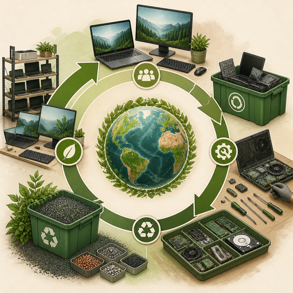 Circular economy cycle showing IT equipment refurbishment and sustainable technology practices