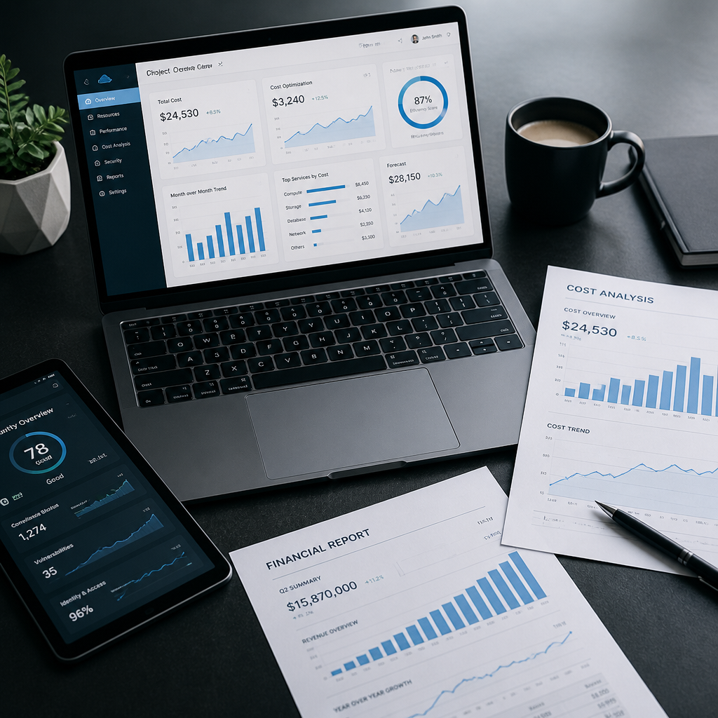 Financial analysis workspace showing IT cost spreadsheets and cloud analytics dashboard