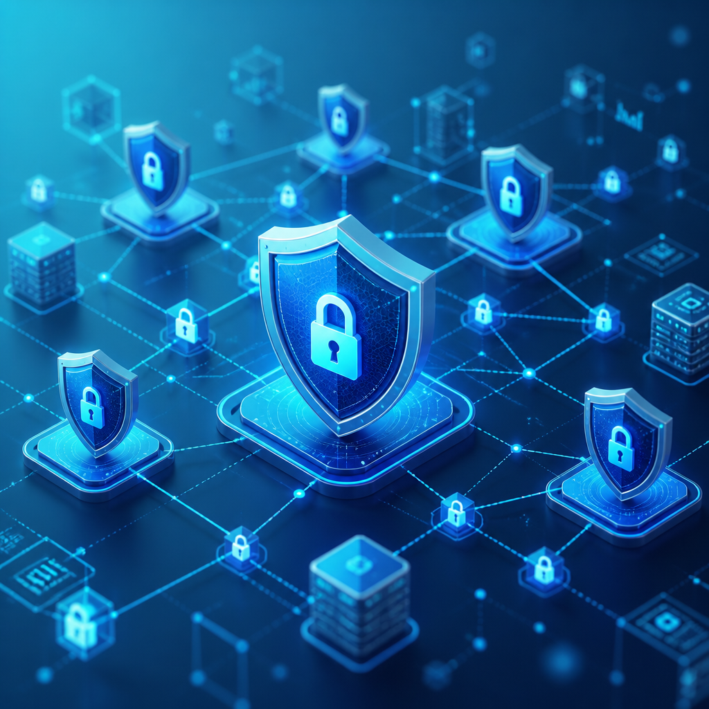 Abstract digital security network with interconnected shields and data protection symbols