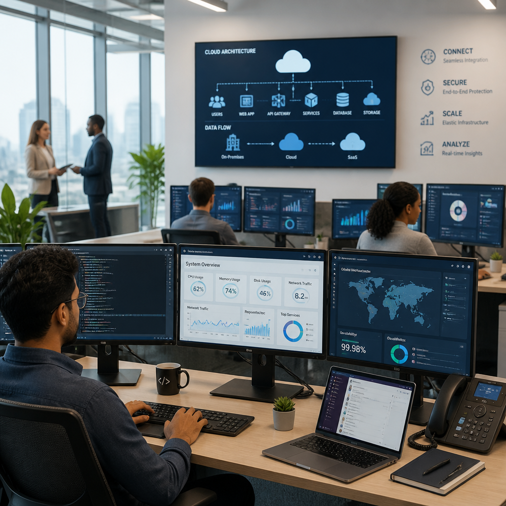 Modern office with multiple integrated IT systems and synchronized digital workstations
