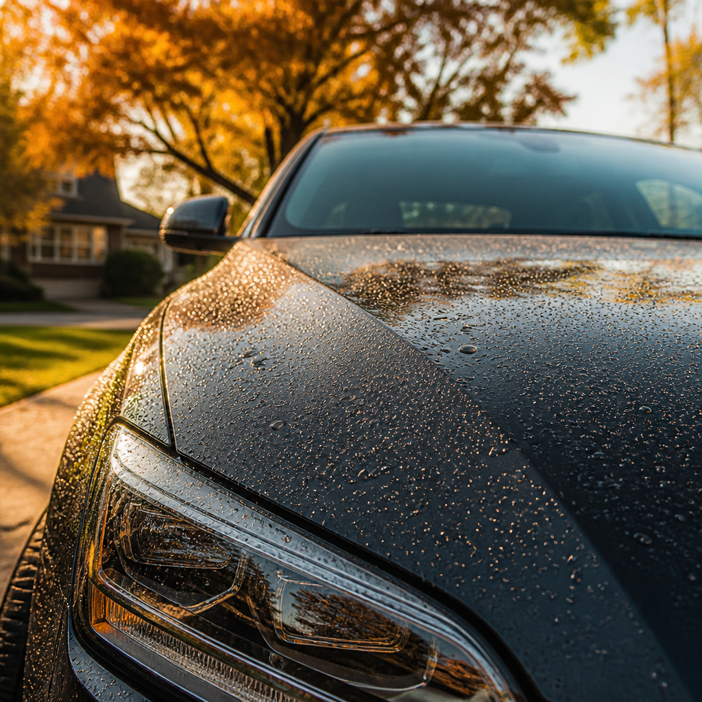 A glossy sedan with freshly applied ceramic coating glistening in September sunlight in a suburban driveway.