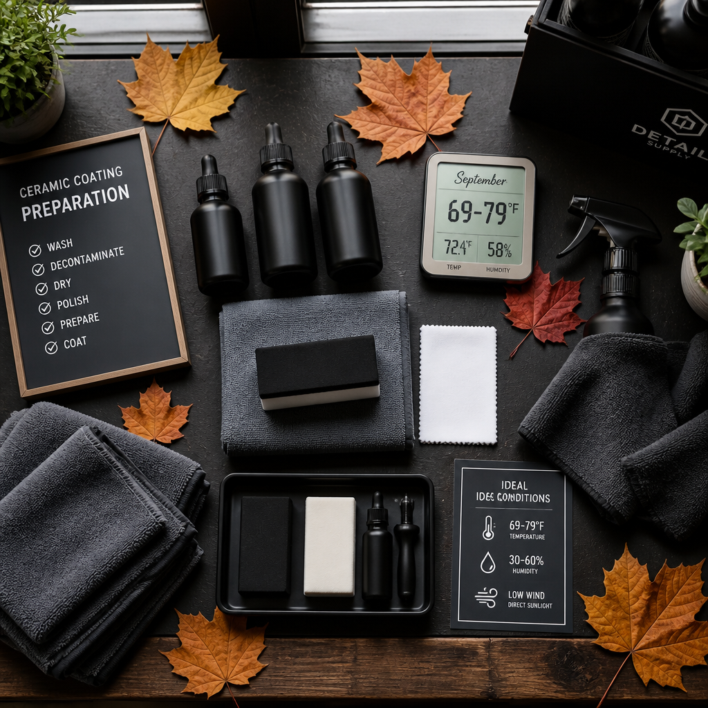 Overhead view of car detailing supplies and tools arranged on a workbench with autumn atmosphere.