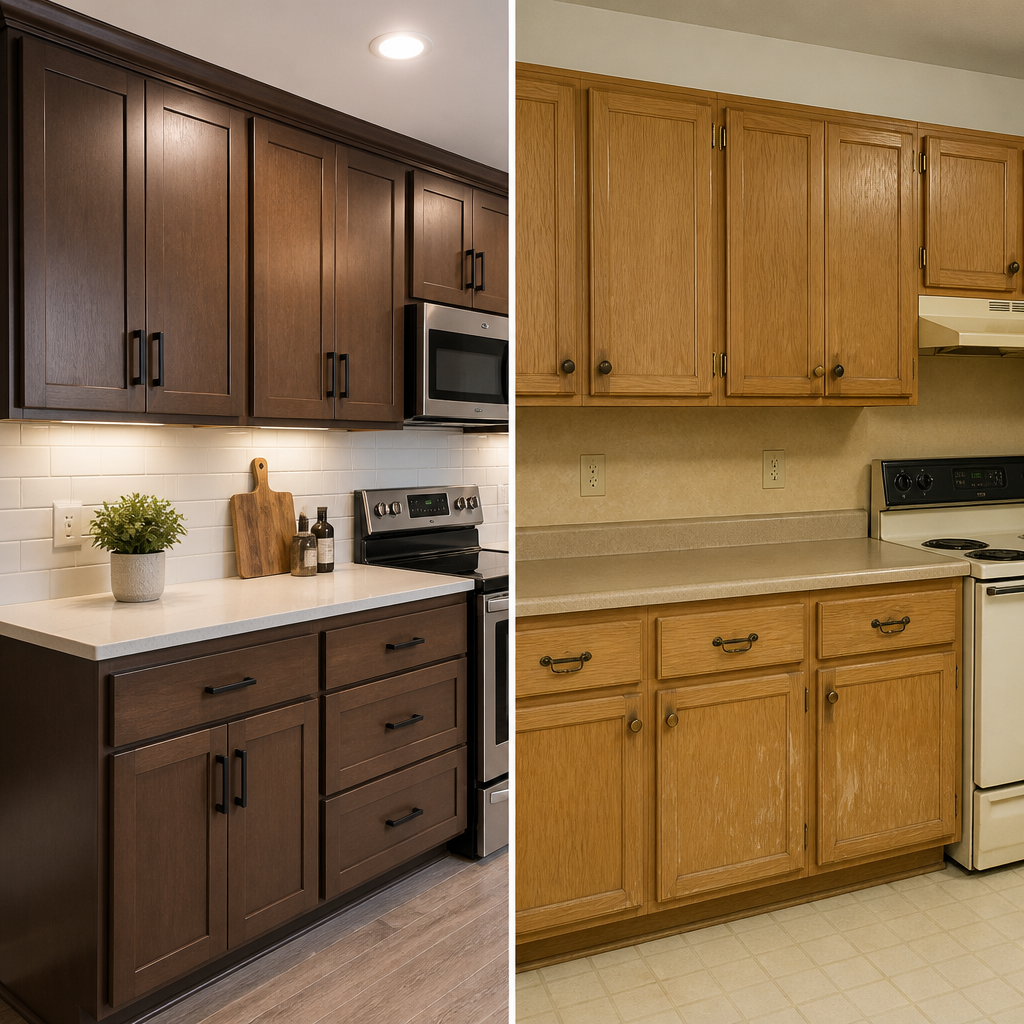 Comparison of painted versus unpainted kitchen cabinets showing before and after renovation styles