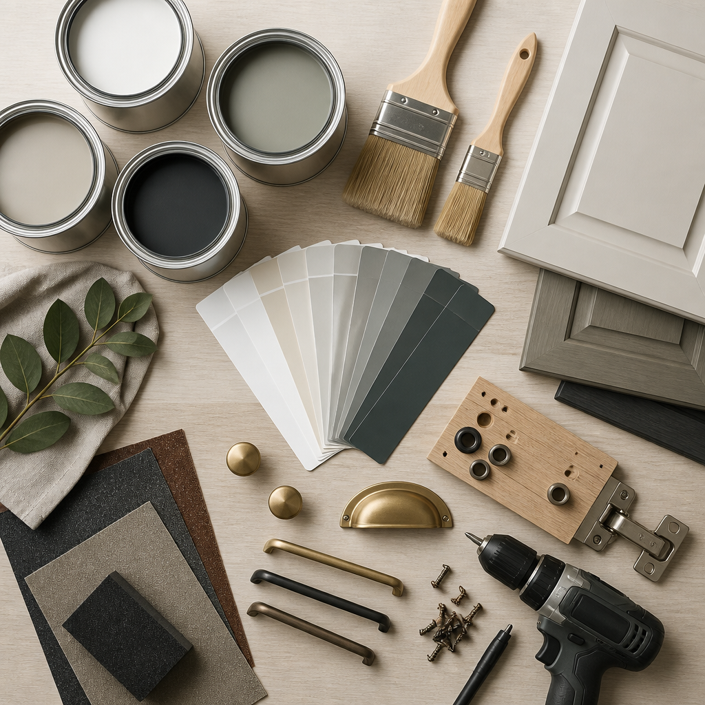 Cabinet painting tools and materials arranged for a kitchen renovation project