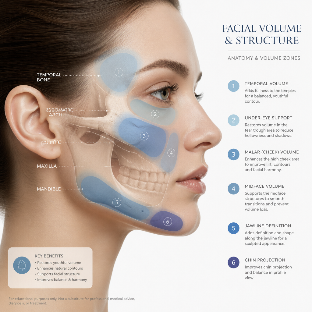 Anatomical facial structure illustration showing cheekbone and jawline volume zones